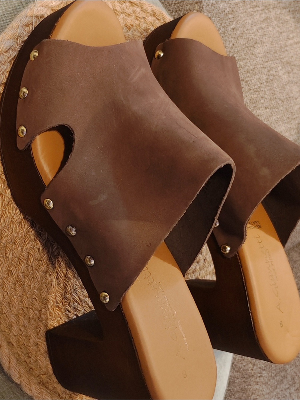A. Giannetti  Genuine Leather Women’s Brown Studded Open-Toe Block Heel Mules